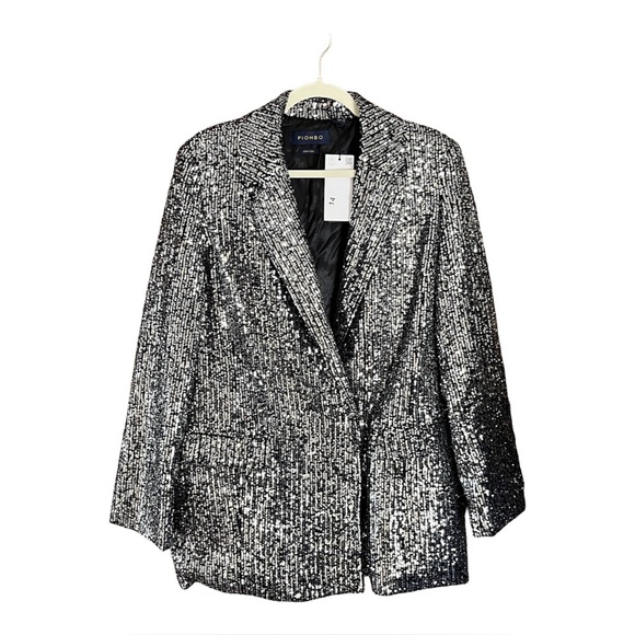 Piombo Women’s Single-Breasted Open-Front Silver Sequin Blazer XL Glam Party NWT - Picture 11 of 16